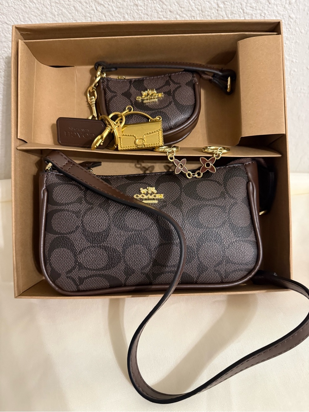 Coach Dark Brown Signature Canvas Double Pouch Crossbody with Gold Accents NEW